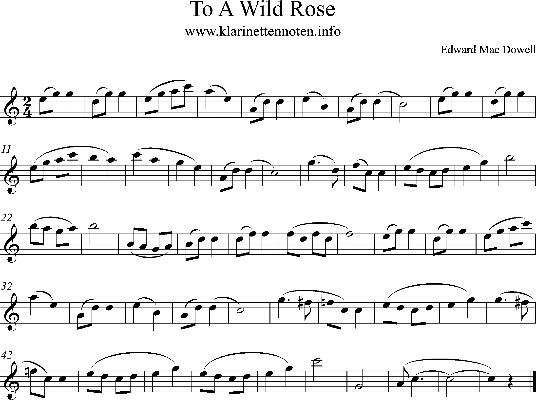 Noten- Melodie- To A Wild Rose Clarinet